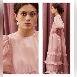 Sister Jane Grapefruit Oversized Puff Sleeve Sheer Shimmery Midi Dress 👗